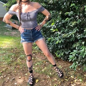 Striped Off-the-Shoulder Tie Front Top